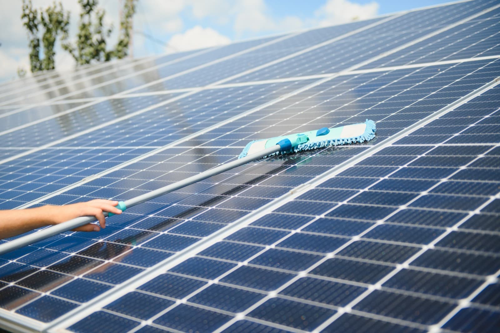 Detalle de la limpieza de un panel fotovoltaico