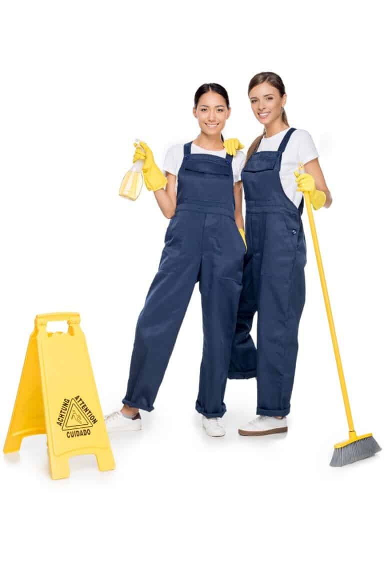 multiethnic smiling cleaners in uniforms with broom and detergent isolated on white