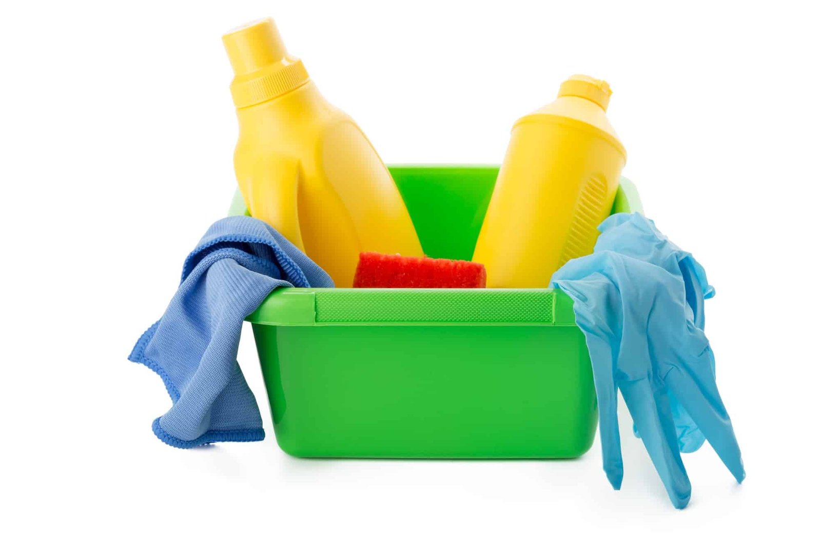 ousehold cleaners and equipment in bucket isolated
